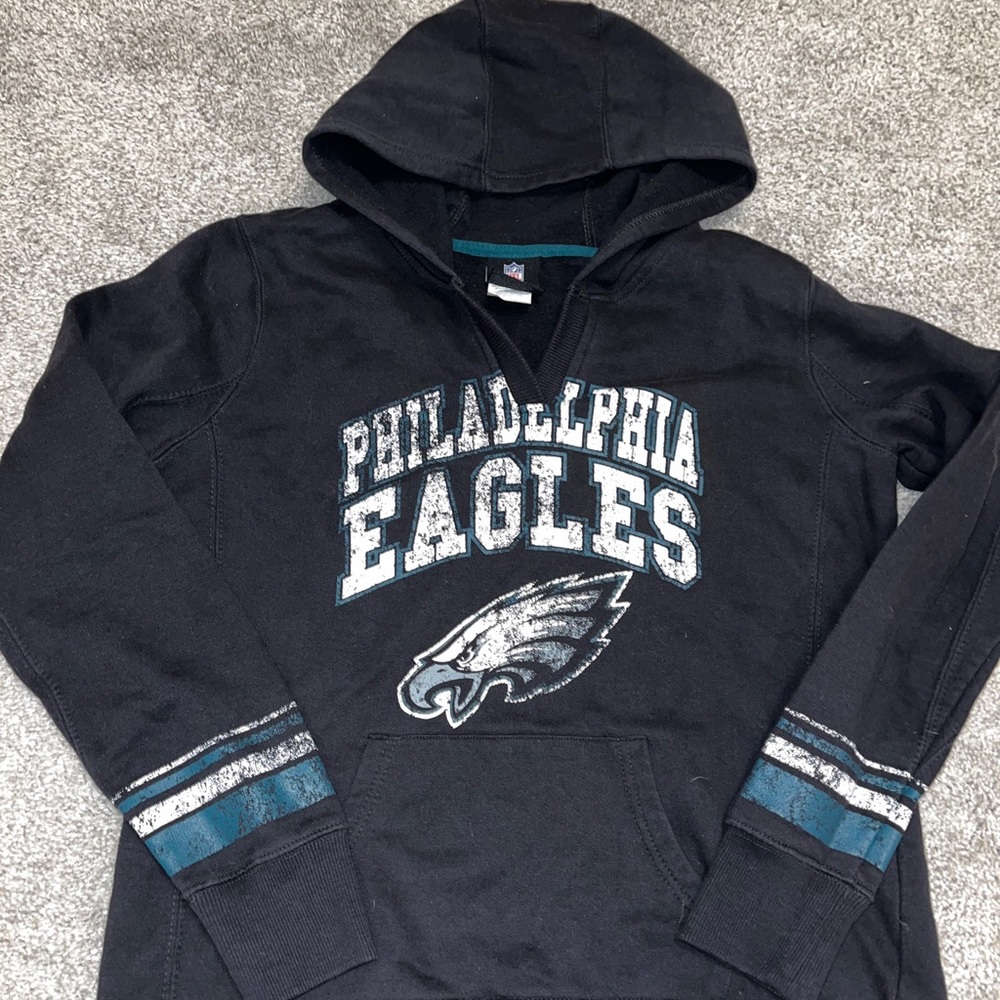Women’s Black NFL worn Philadelphia Eagles hooded hoodie sweatshirt sweater L